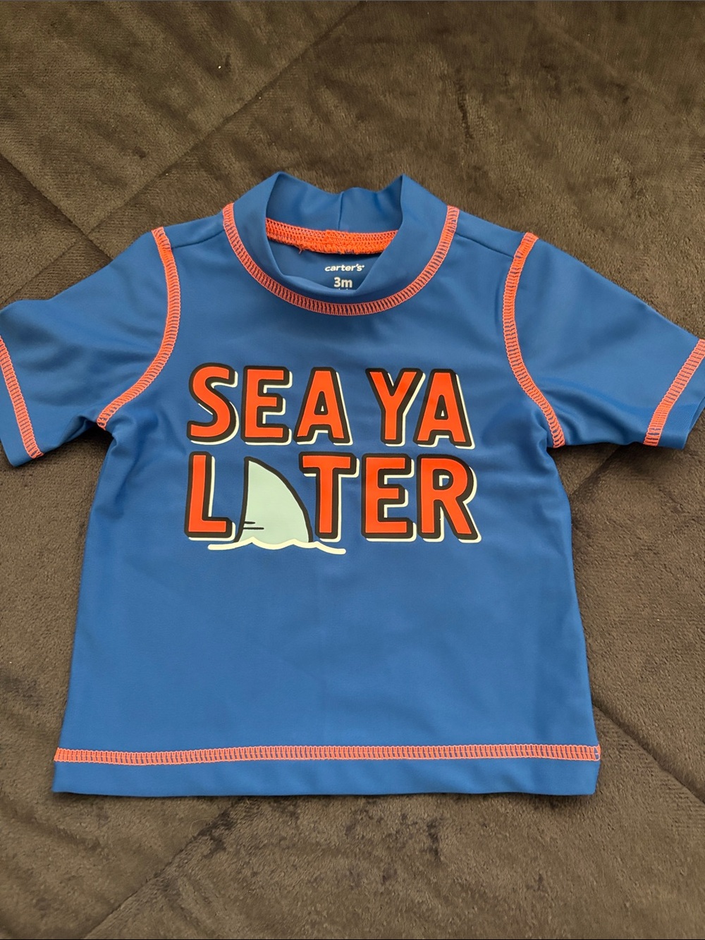 Carter's Blue Rash Guard with Orange Trim and Shark Graphic 3 months.